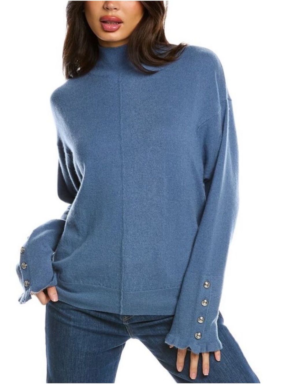 Ellie Tahari Cashmere Ruffle Button Sleeve Mock Neck Sweater. Size Large.
